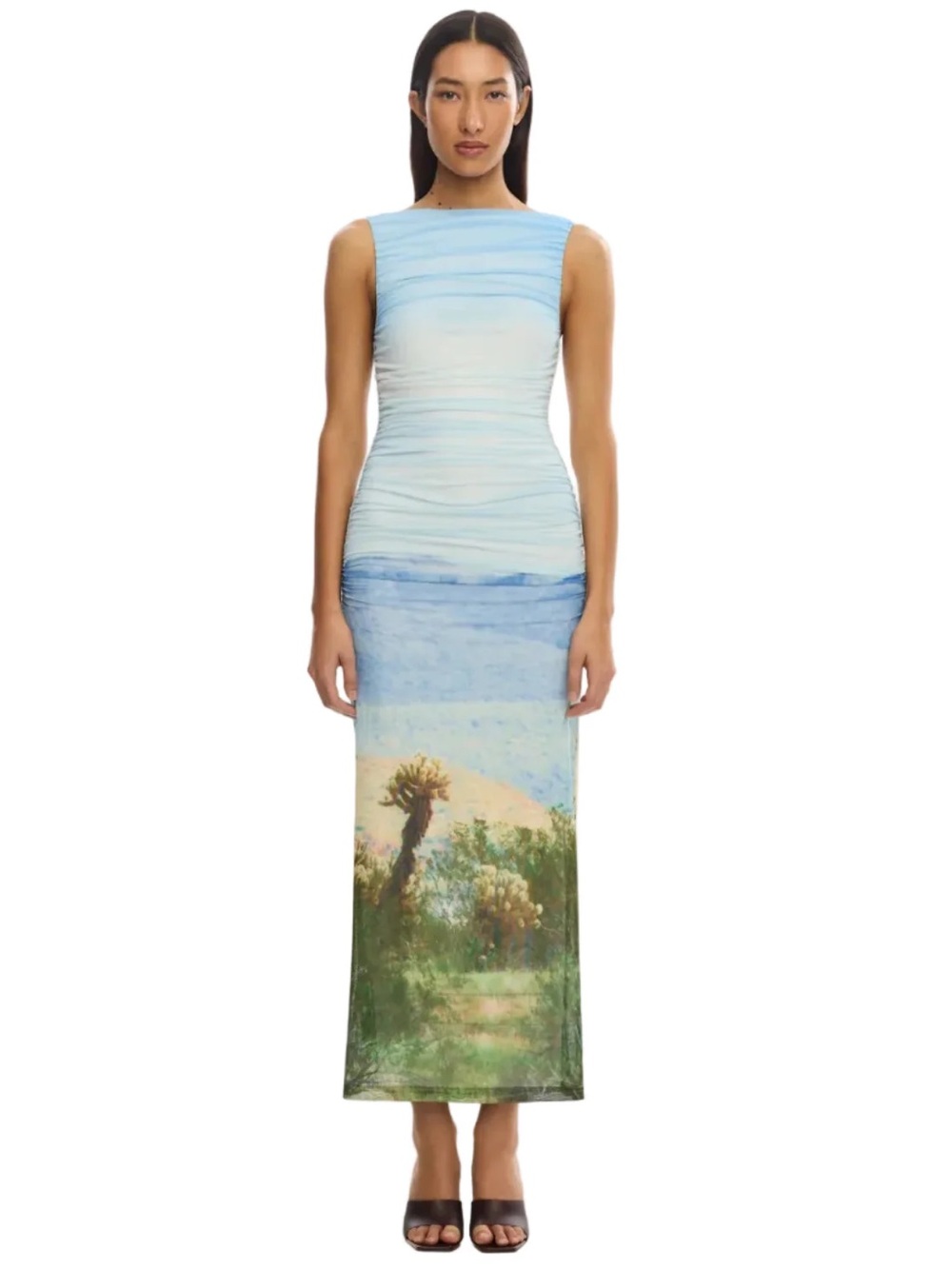 Scenic Print Sleeveless Maxi Dress in Light Blue and Green